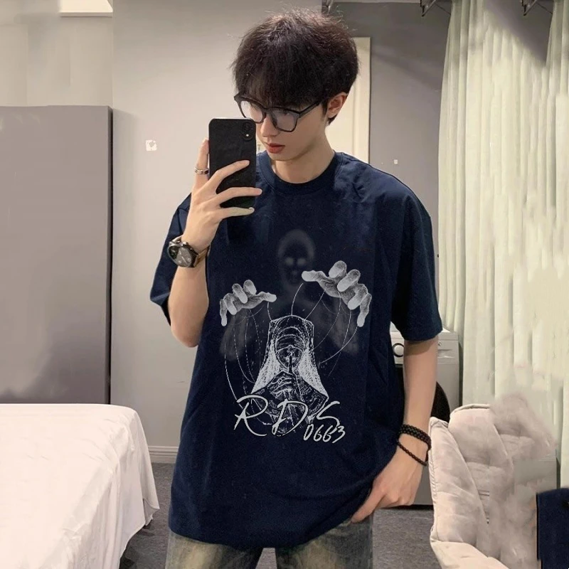 100%纯棉320克重磅圆领夏季港风印花情侣装活力风T恤短袖通用学生