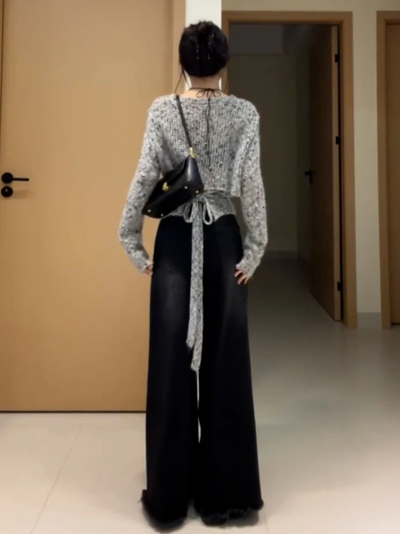 韩系chic复古软糯宽松针织衫一整套高级感减龄灰色绑带毛衣女秋