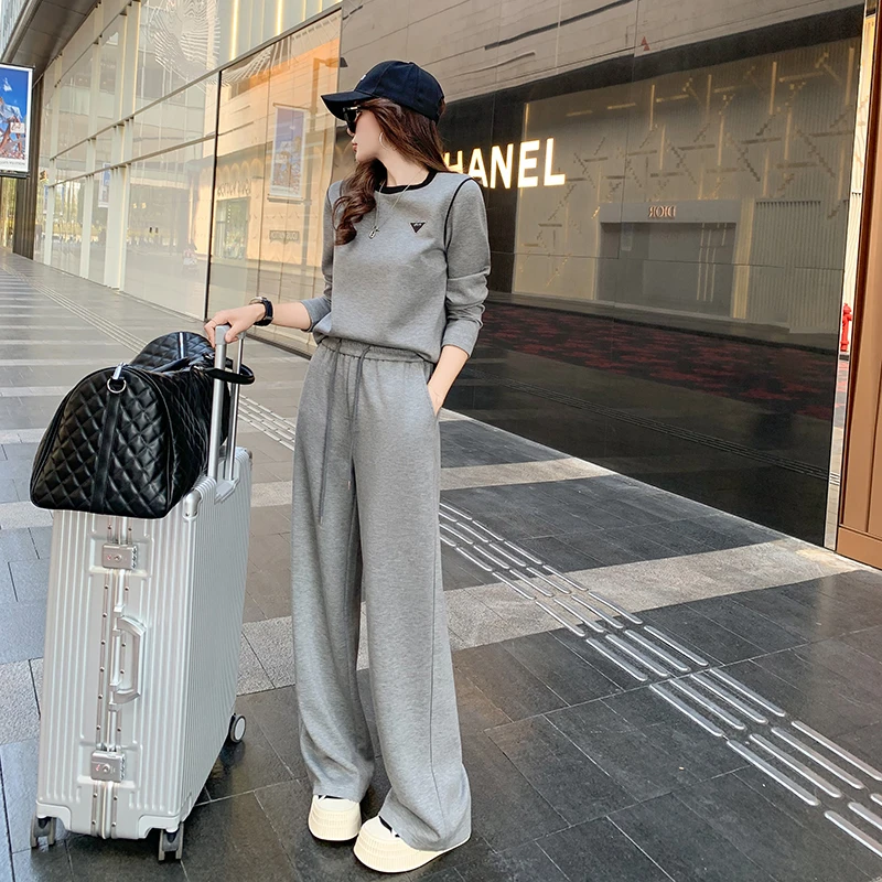 可盐可甜休闲运动套装女2025春洋气粉色长袖T恤显瘦阔腿裤两件套