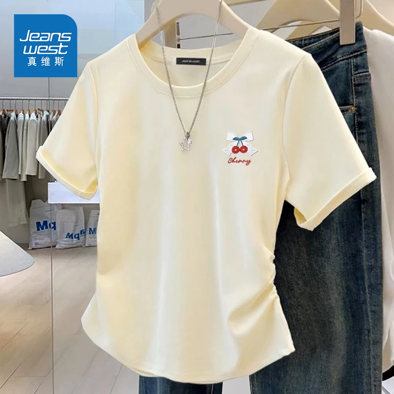 真维斯短袖t恤女2025夏季新款正肩圆领抽褶设计感慵懒纯欲风女装