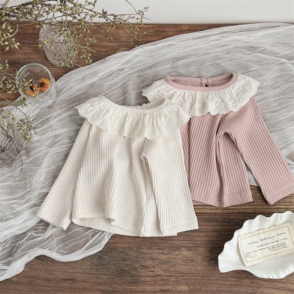 女宝春款基础百搭蕾丝领粉色白色打底上衣