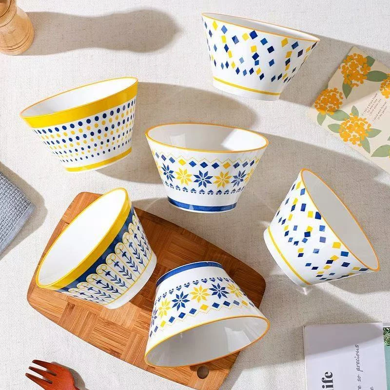 【瓷县令】复古炫彩5英寸斗笠碗6只装釉下彩工艺可进微波炉烤箱网红