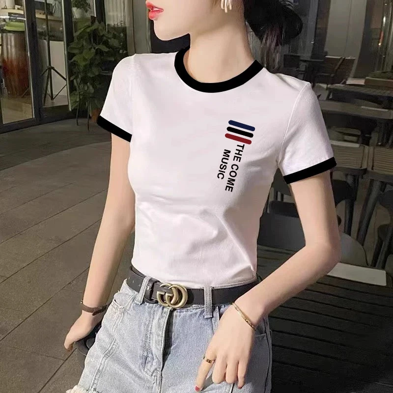 2025新款修身内搭弧形下摆时尚撞色白色短袖t恤女潮欧货夏季圆领