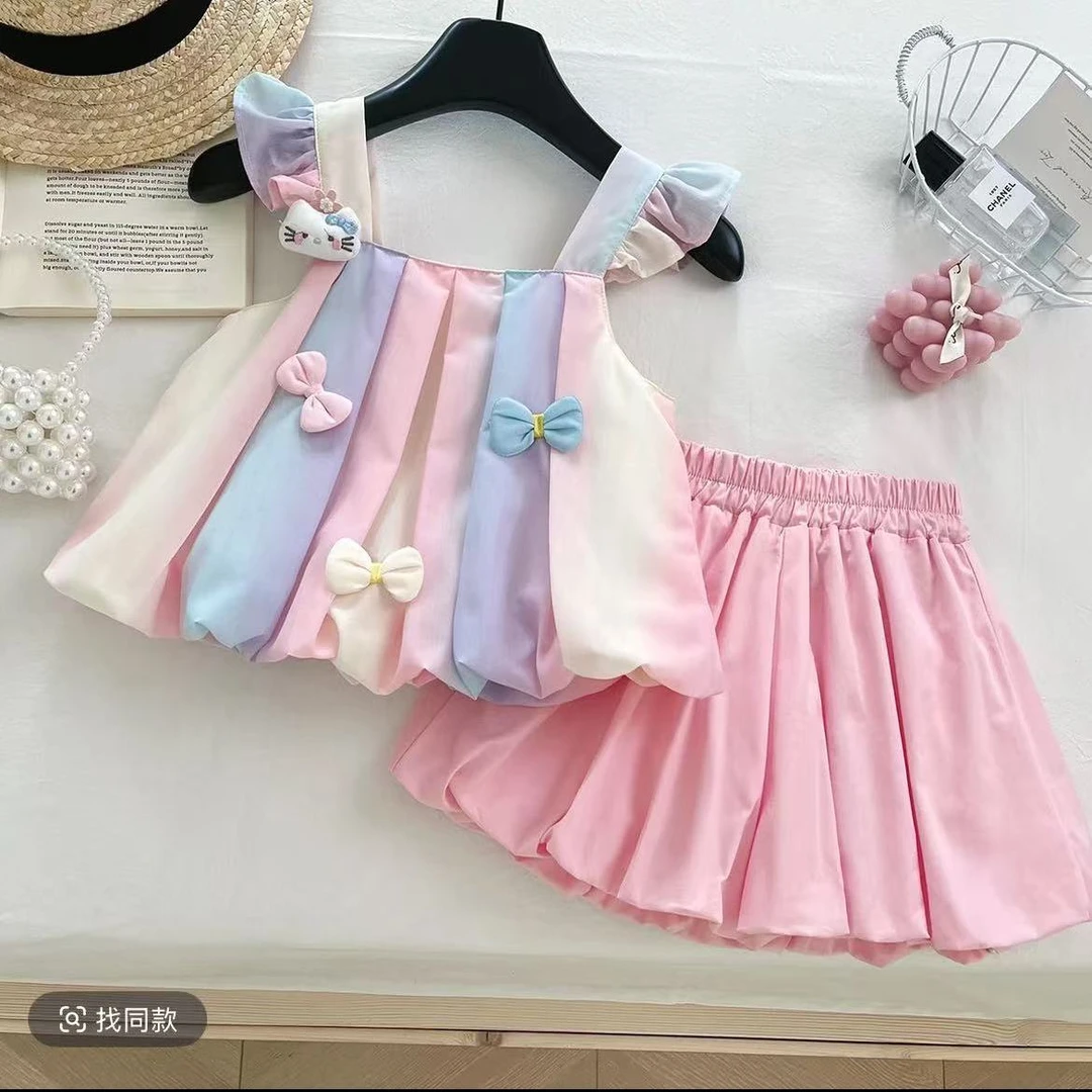女童夏款2025新款女宝宝可爱蝴蝶结无袖上衣儿.童花苞裙裤两件套