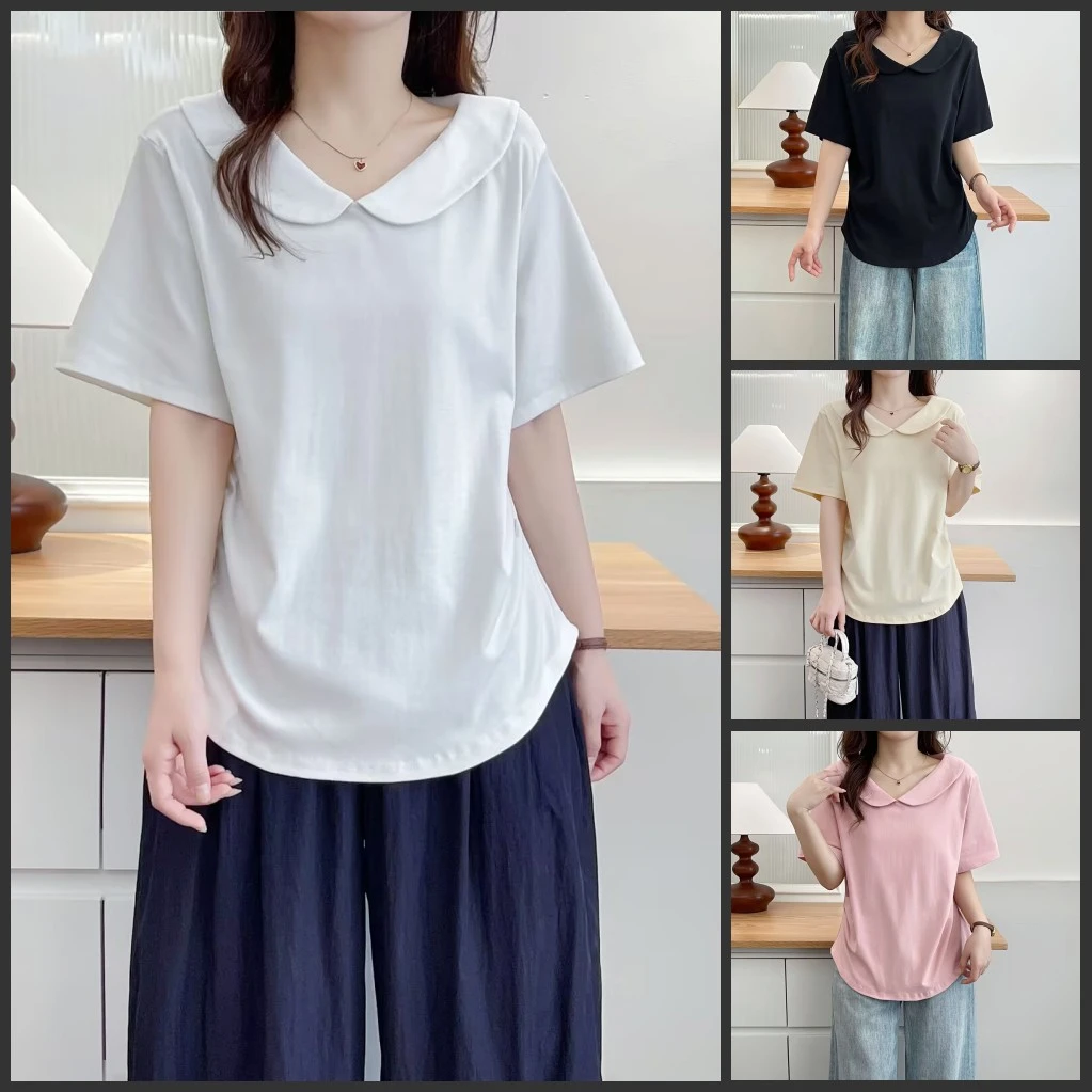 梦冬佳--110-200斤大码女装收腰显瘦娃娃领减龄时尚休闲短袖T恤