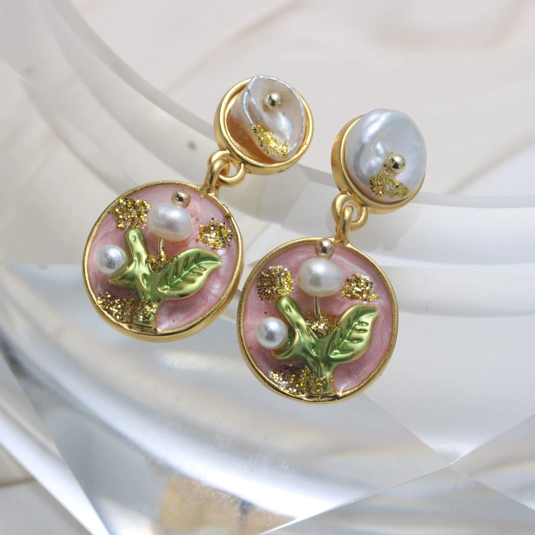 铜合金仿珍珠耳饰 306  百搭时尚油画系列花花设计师款耳饰