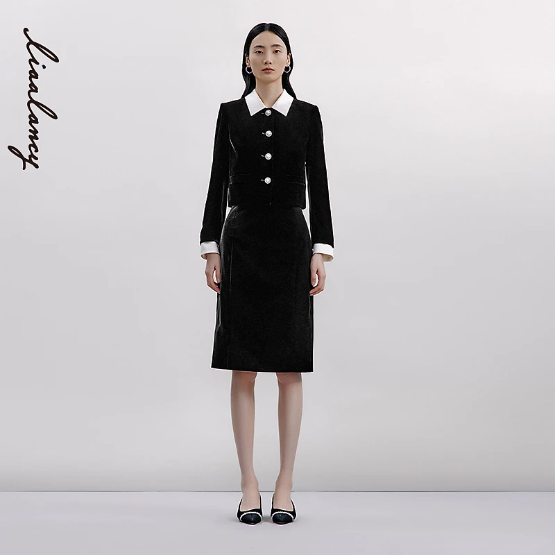 LANCY/朗姿2024秋新款小香风丝绒套装高腰直筒半身裙及膝半裙女