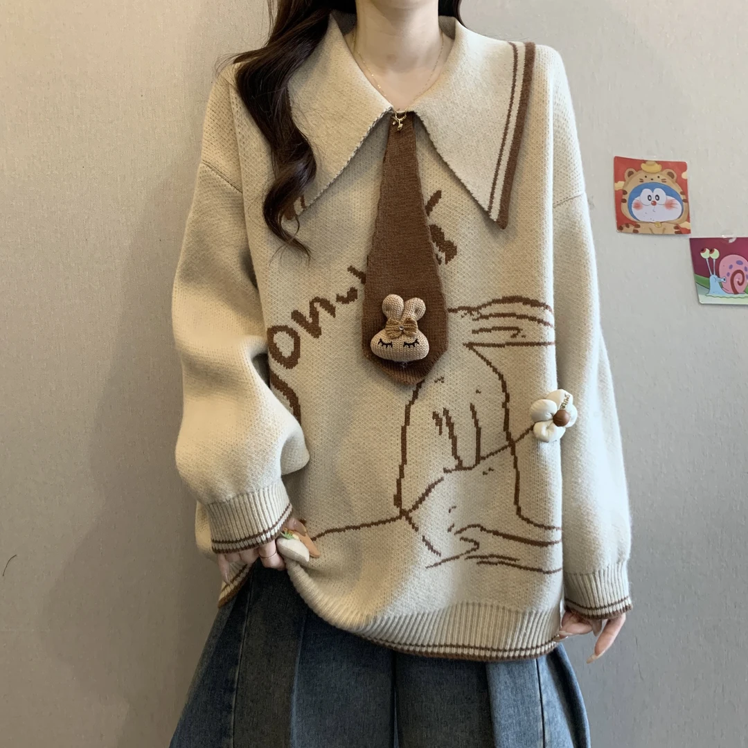 宽松慵懒风娃娃领针织衫毛衣女春秋冬大码胖mm可爱减龄中长款上衣