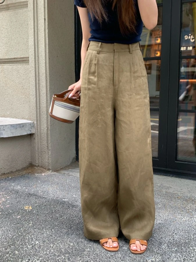 【老钱麻裤】通勤夏天裤子女薄款阔腿裤宽松显瘦亚麻百搭老钱风女装