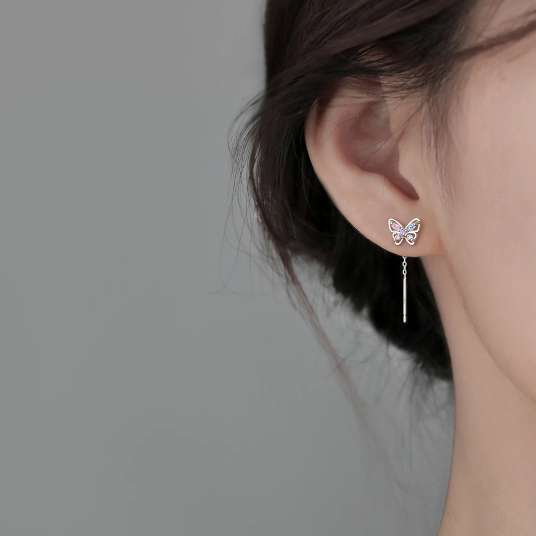 足银合成锆石耳饰 999纯银蝴蝶耳线甜美精致设计感耳环女小众气质