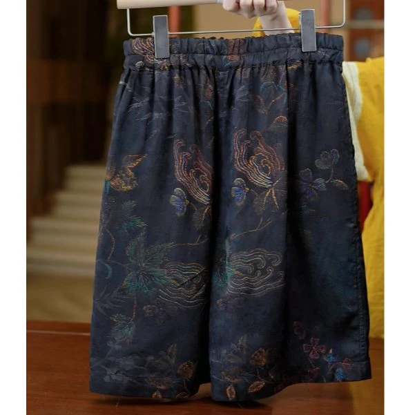 蝶戏《非遗美学》1150中式复古印花双面穿松紧腰短裤