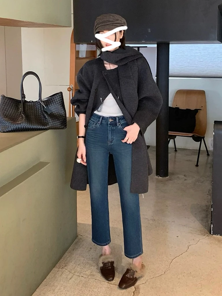 Taoxi【67910绒】直筒牛仔裤女2025冬刺绣高腰加厚小个子九分烟管裤