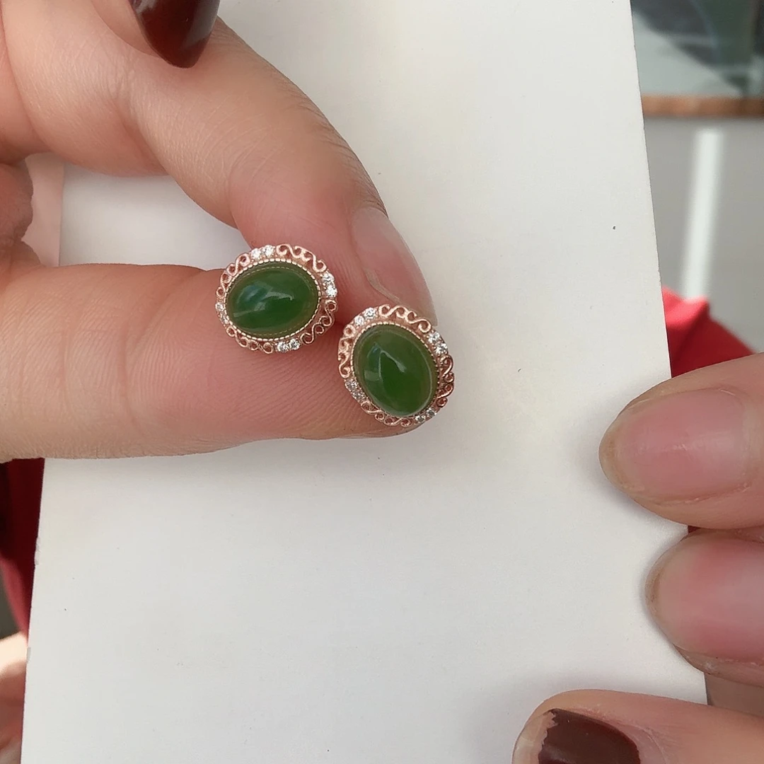 和田玉W耳钉银S925镶嵌