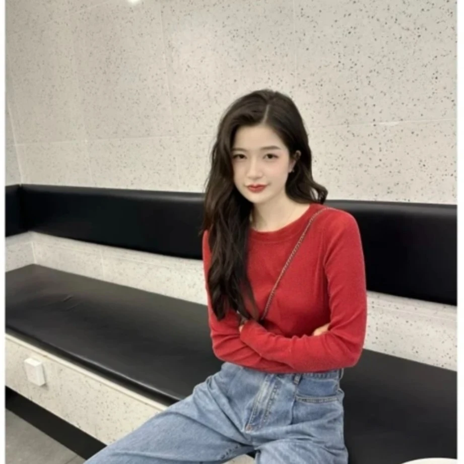 正品同款】2024秋季新款低圆领修身显瘦圆领网纱长袖打底衫女上衣