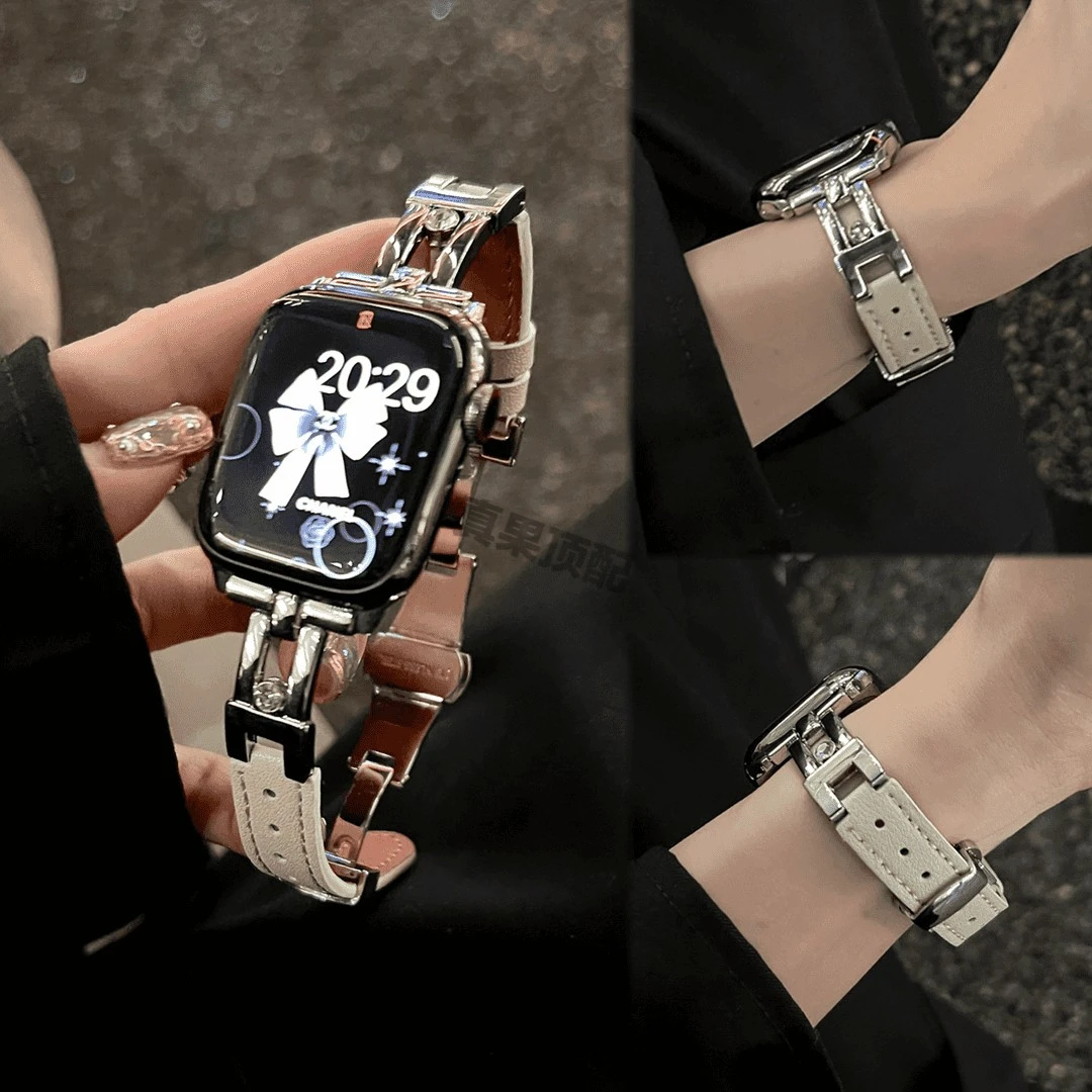 高级感金属滑梯皮质蝴蝶扣表带适用华为FIT3/fit2苹果iwatchS10s9