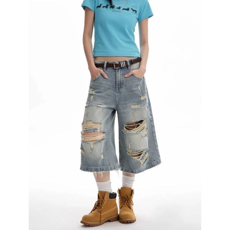 美式水洗浅蓝破洞七分牛仔裤女cleanfit宽松直筒A字裤情侣中裤潮