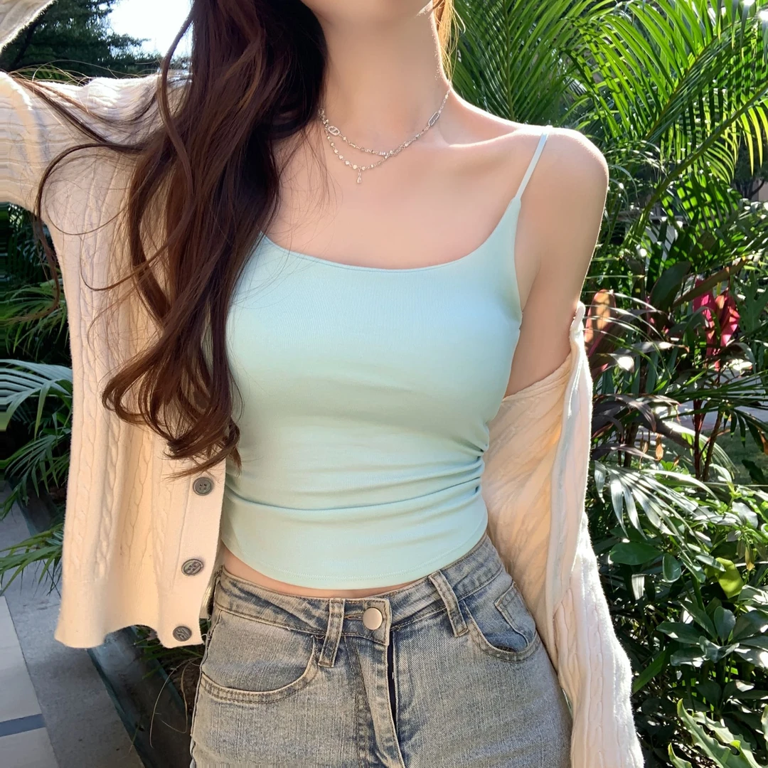 多巴胺小清新纯欲风褶皱吊带背心女外穿内搭带胸垫修身美背上衣夏