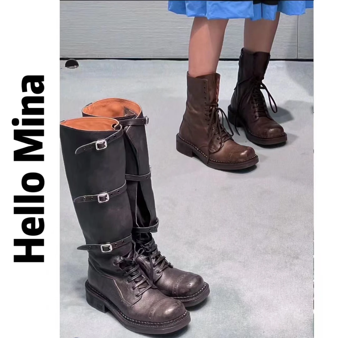 8913长筒真皮做旧机车马丁靴女