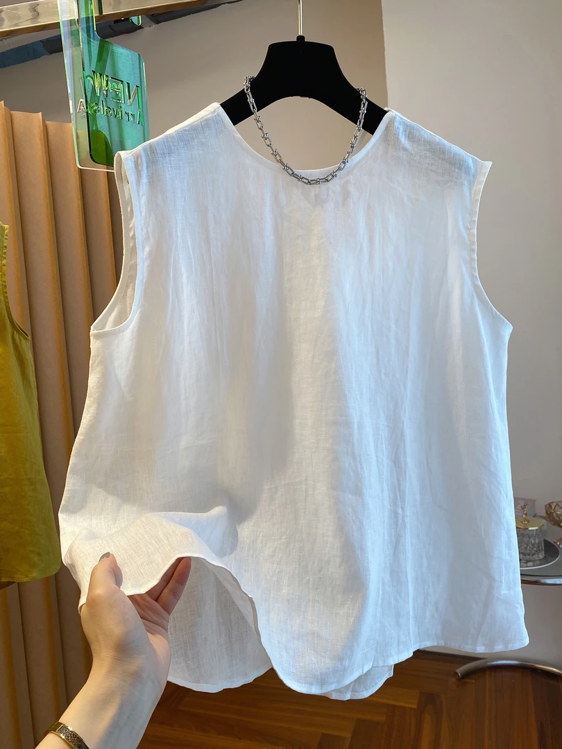 独特超好看蓝色亚麻无袖上衣女夏季2025新款宽松漂亮露背衬衫小衫