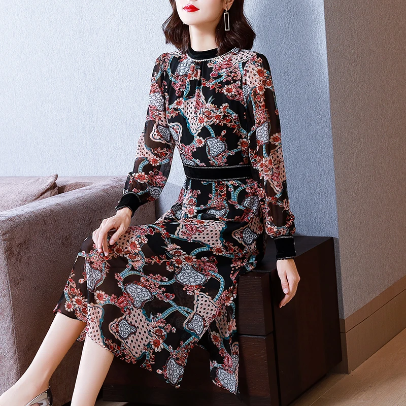 【品牌正品】70136气质女装连衣裙复古收腰印花显瘦中长