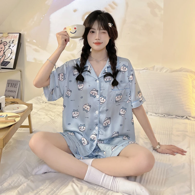家居服大码女款爆款新款冰丝睡衣夏季薄款女士短袖短裤卡通天套装