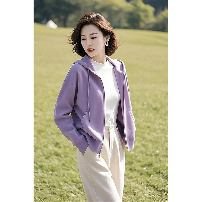 今年流行的独特超好看小个子短款休闲连帽紫色2025年新款女装外套