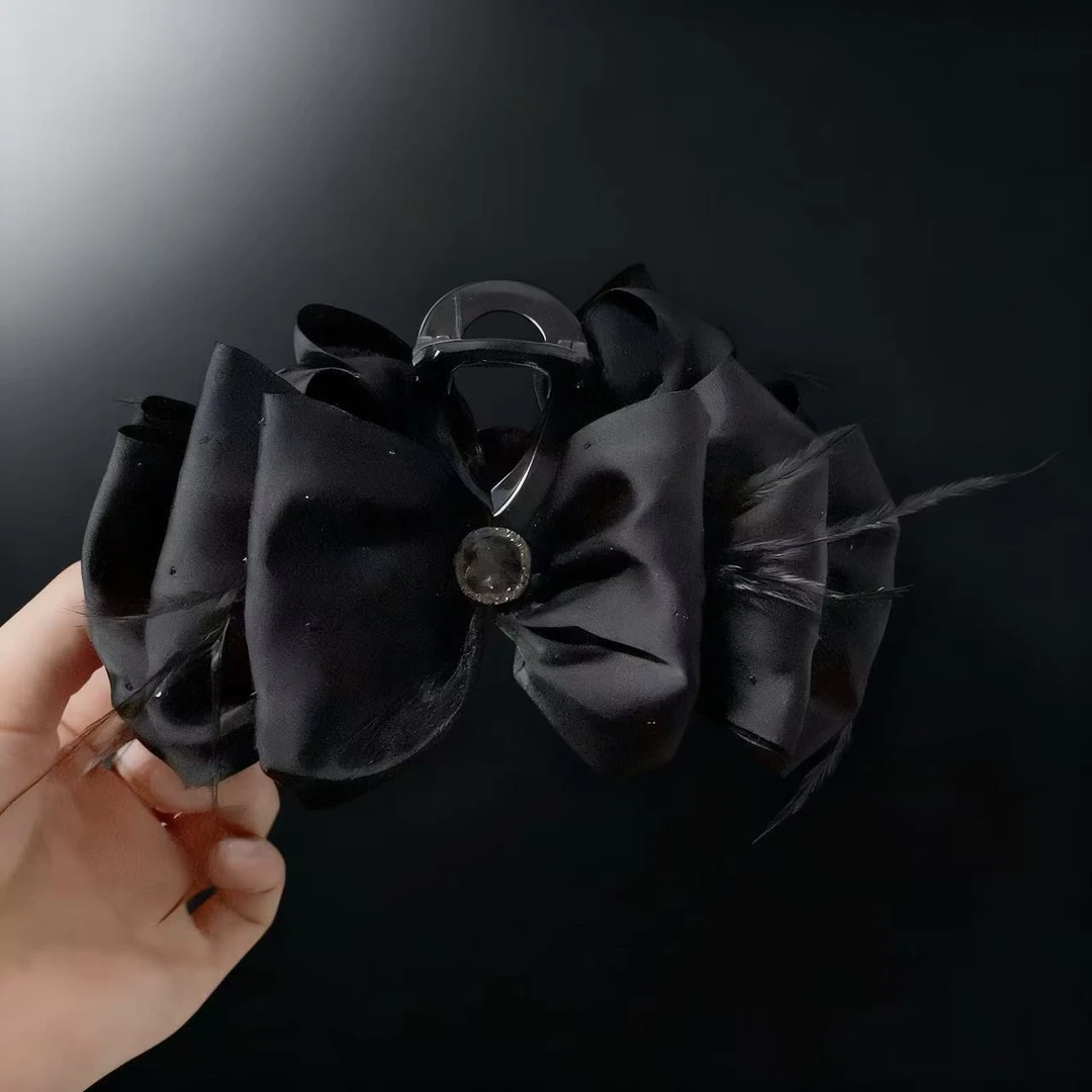 约13cm法式加长羽毛泡泡云朵抓夹女日韩高级感蝴蝶结缎面发抓3305