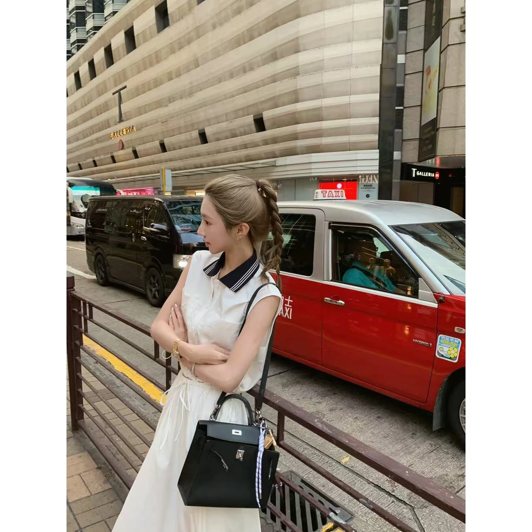 【盒子专享】泡沫之夏 无袖撞色polo领下摆抽绳开襟衬衫