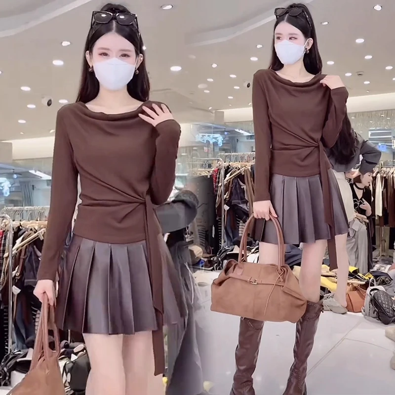 时尚套装女2025秋季新款洋气显瘦长袖T恤上衣百褶半身裙两件套潮