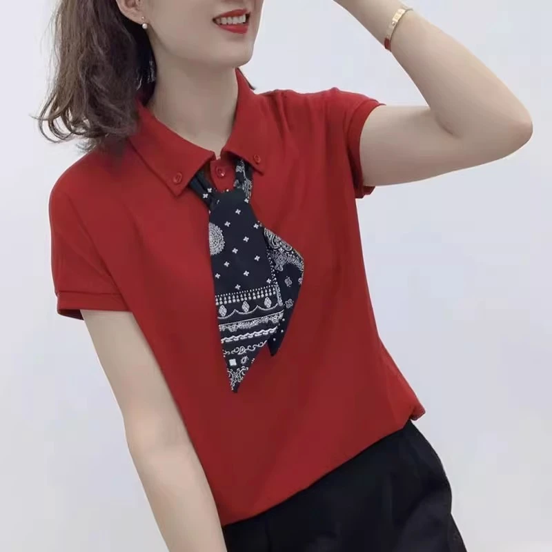 翻领丝巾纯色短袖T恤女2025夏季新款韩版时尚通勤洋气百搭上衣潮