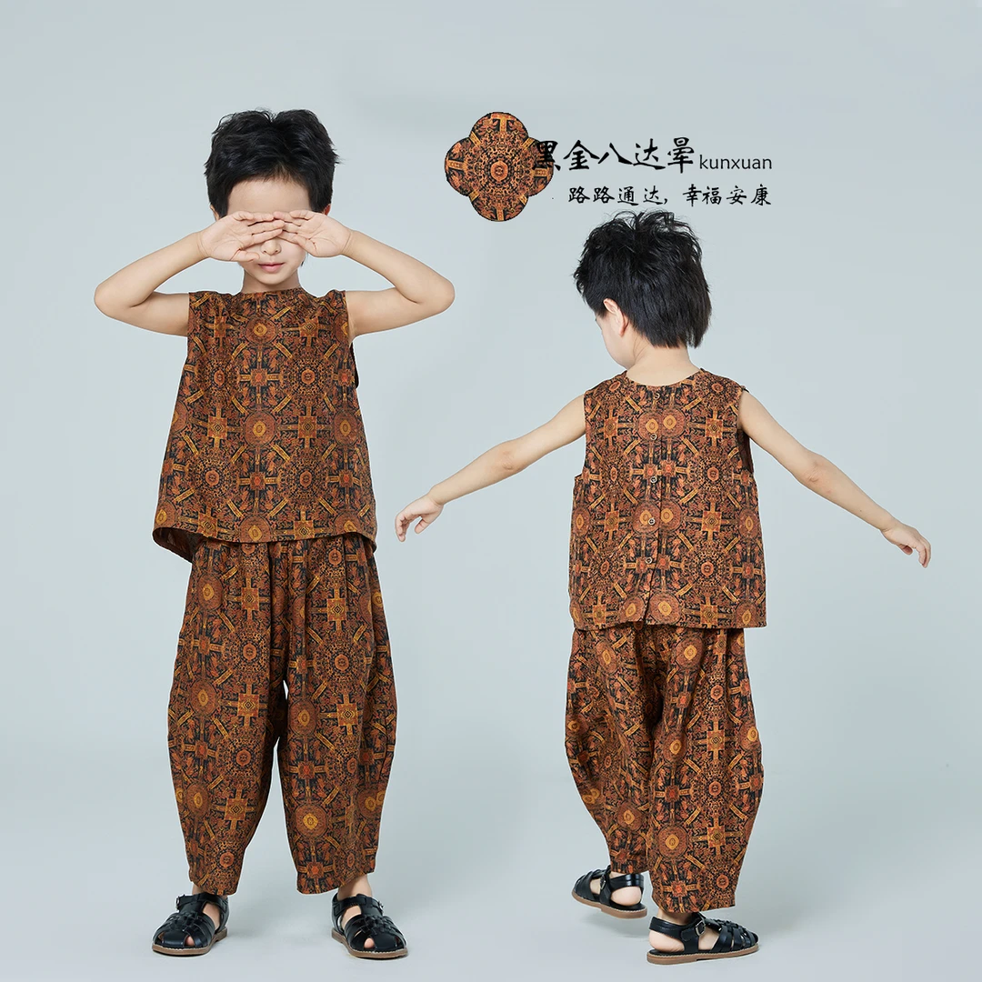 【琨萱】黑金男童夏款新中式100%桑蚕丝香云纱马甲长裤 SS67T110