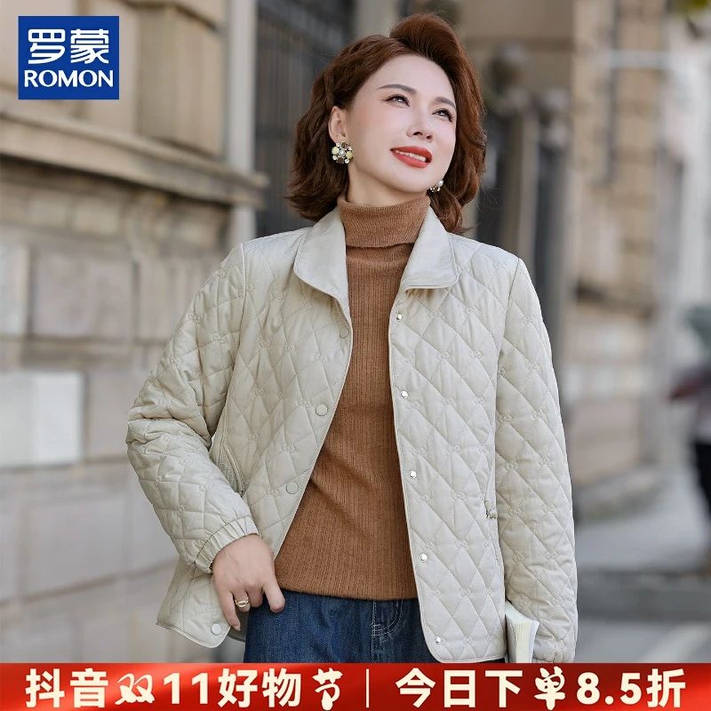 罗蒙时尚气质妈妈装中年纯色格纹翻领外套中老年女装冬季保暖棉衣