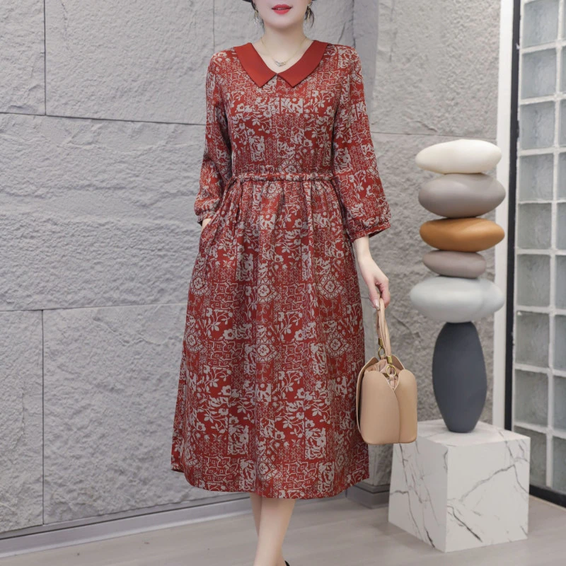 9651-夏季新款气质大码过膝收腰时尚翻领妈妈装连衣裙（F仓）