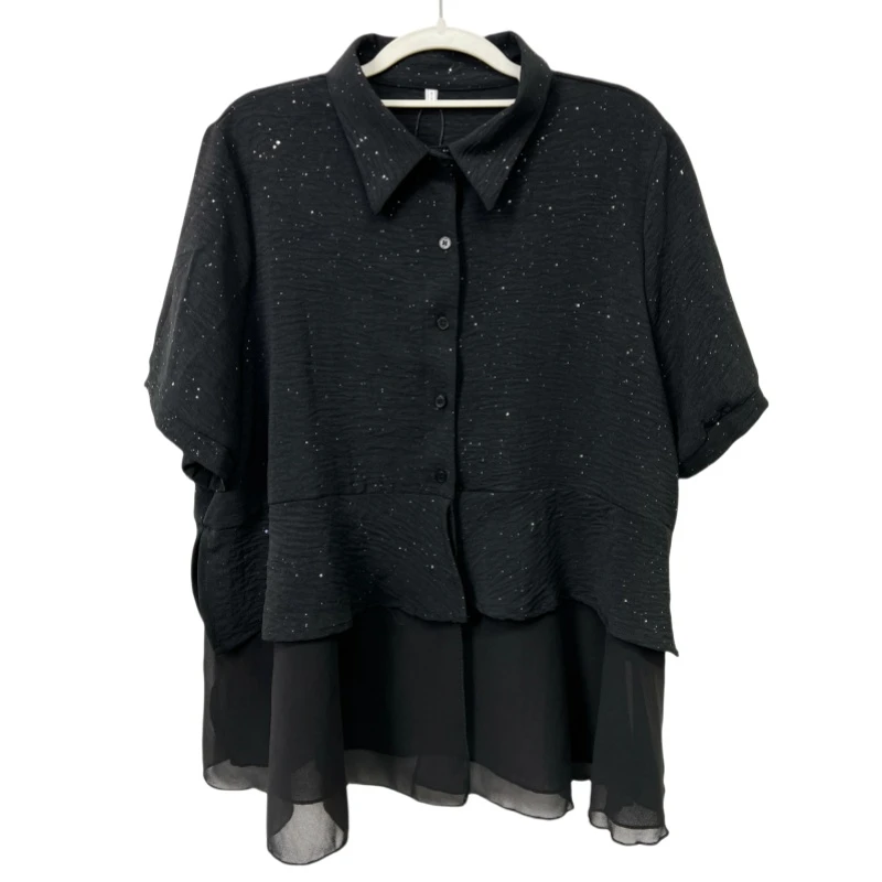 032满天星拼接纱短袖通勤风POLO领遮肉显瘦百搭气质设计感上衣