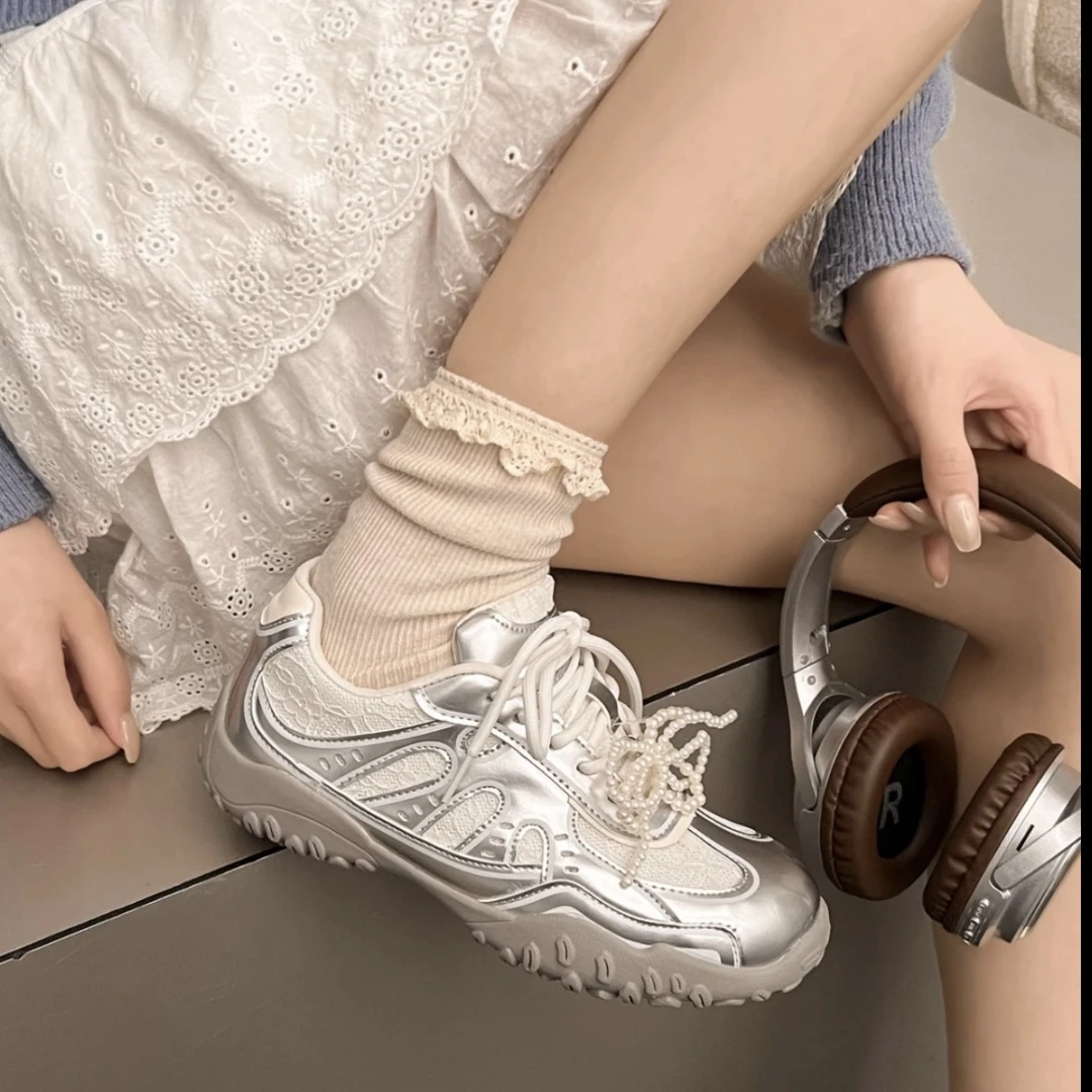 【苏茵茵】新色来啦~月牙底内增高蕾丝珍珠休闲德训鞋女阿甘鞋