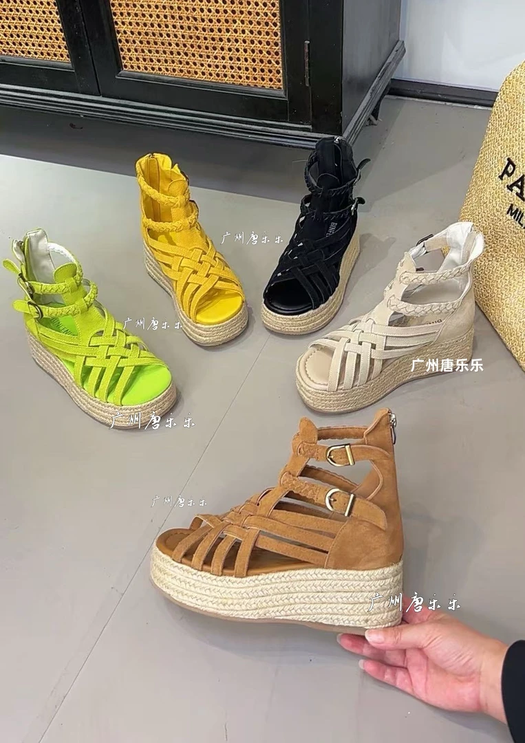 唐乐乐｜25new春夏限定法式绝美罗马草编坡跟厚底真皮凉鞋BF2000