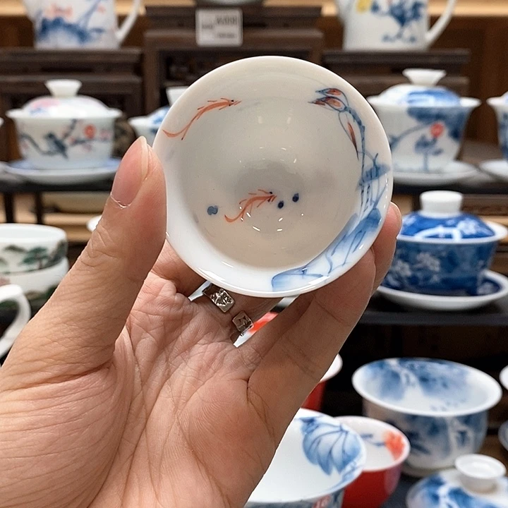 手绘内外绘荷花杯子60cc釉下彩微瑕福利款