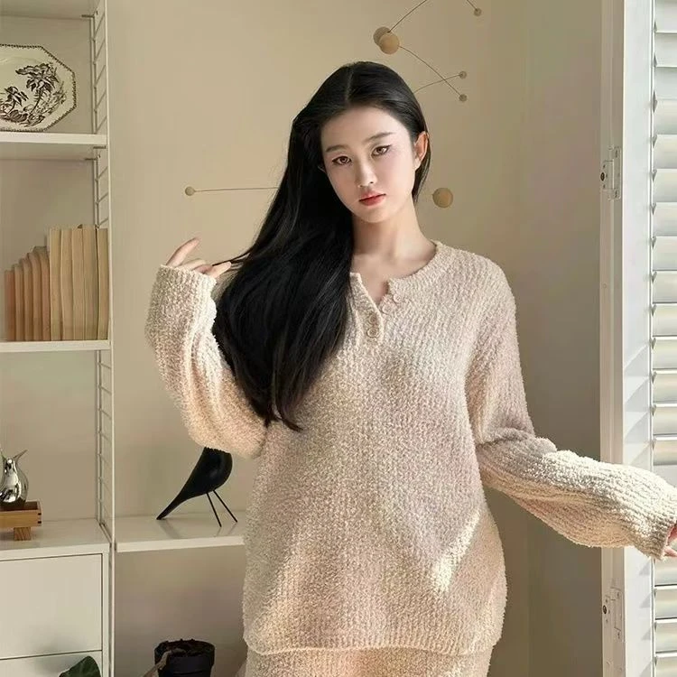 时尚韩版秋冬新款加绒睡衣女套装设计甜美简约休闲可外穿家居服