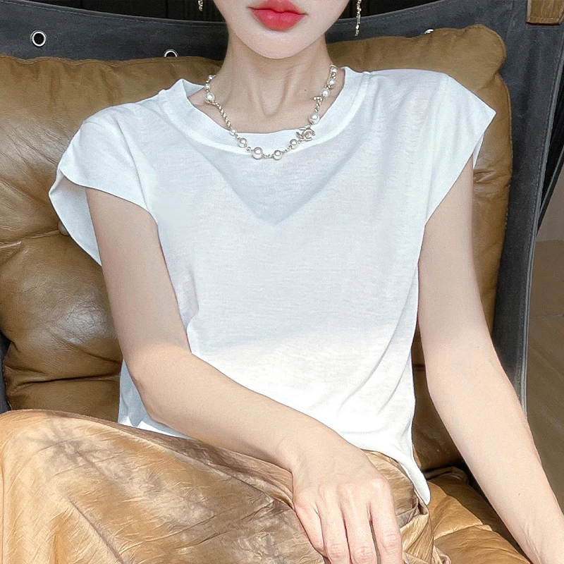 小飞袖新款圆领轻薄透气极简风法式T恤夏季薄款女短袖宽松显瘦81