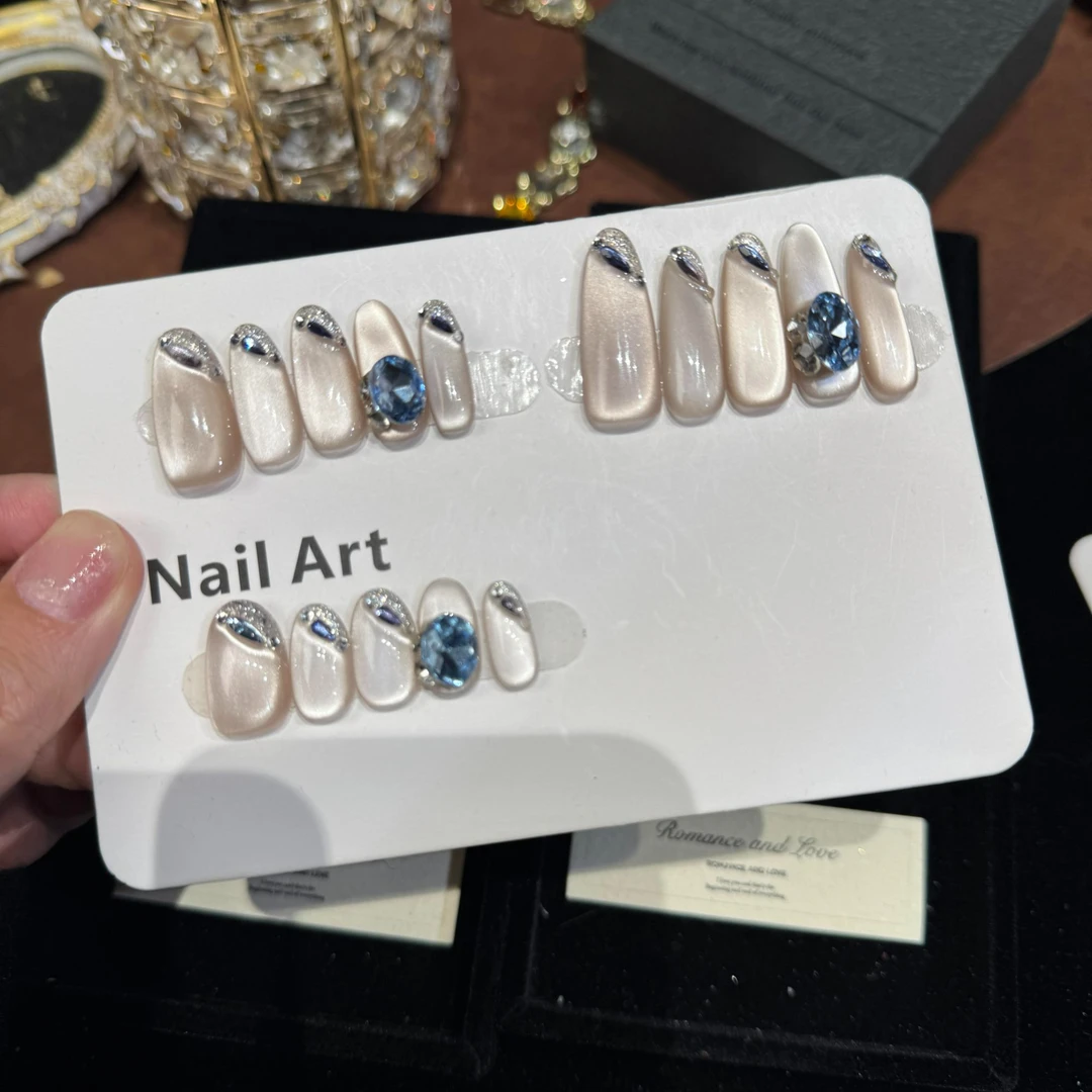 【冰岛蓝钻】百搭美甲温柔气质冰透款蓝色锆石纯手工穿戴甲穿戴式