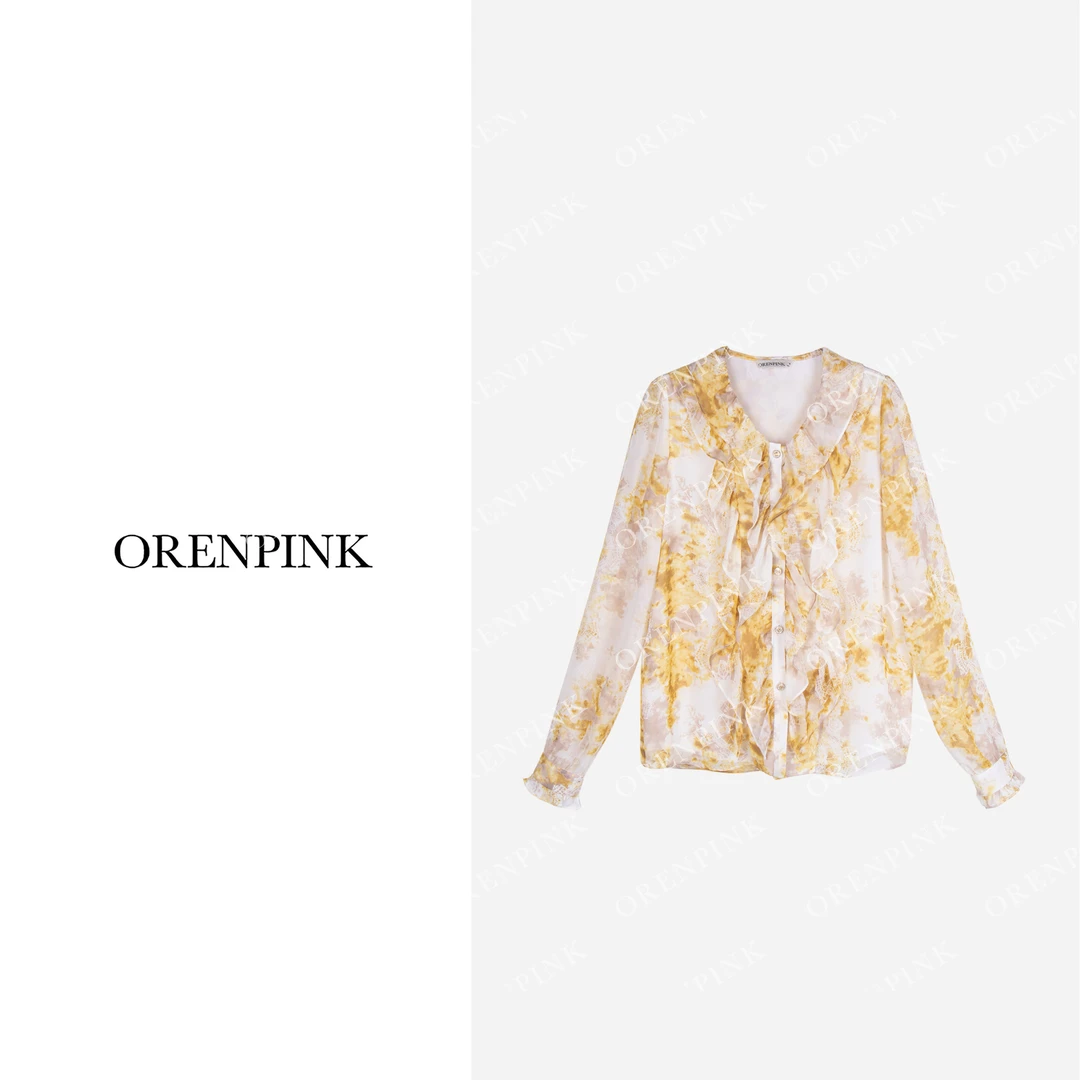 OREN PINK/奥粉25年新款春夏款“繁花”气质优雅荷叶边女装衬衣