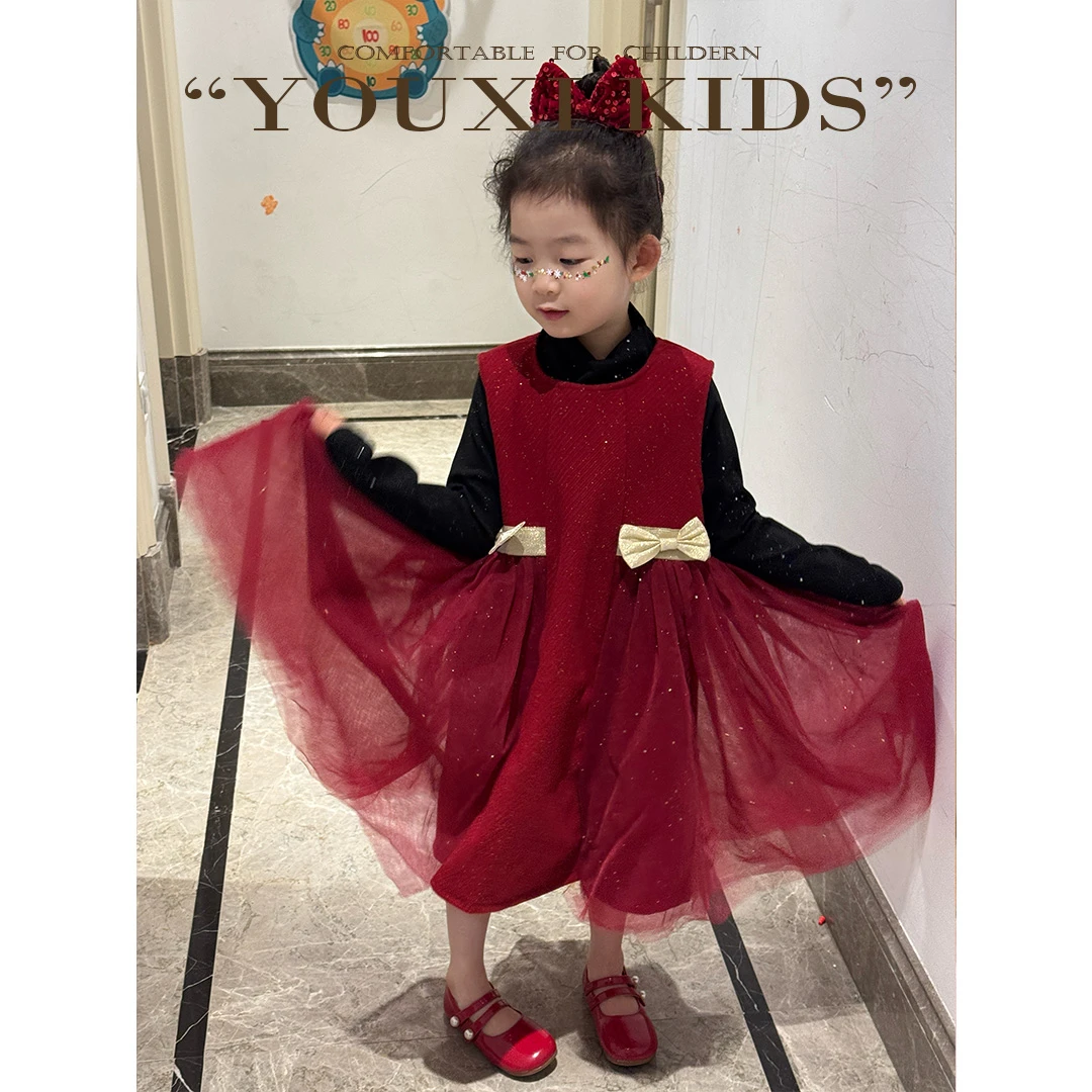 现飞飞家·聚会焦点女童冬季红色闪闪公主纱纱洋气背心裙 FF2471