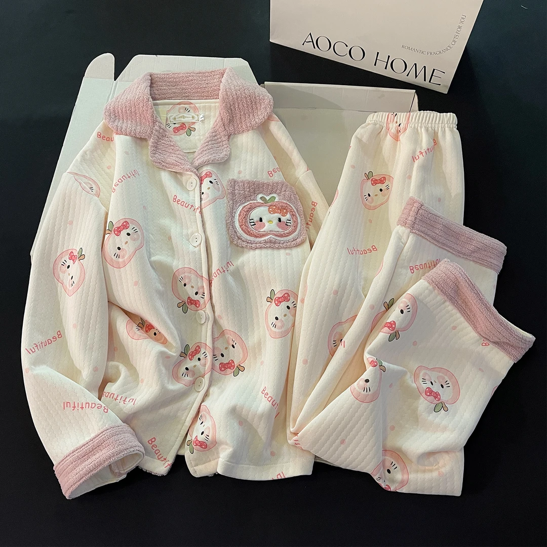 甜美可爱猫咪睡衣女空气棉夹层加厚保暖宽松开衫可外穿家居服套装