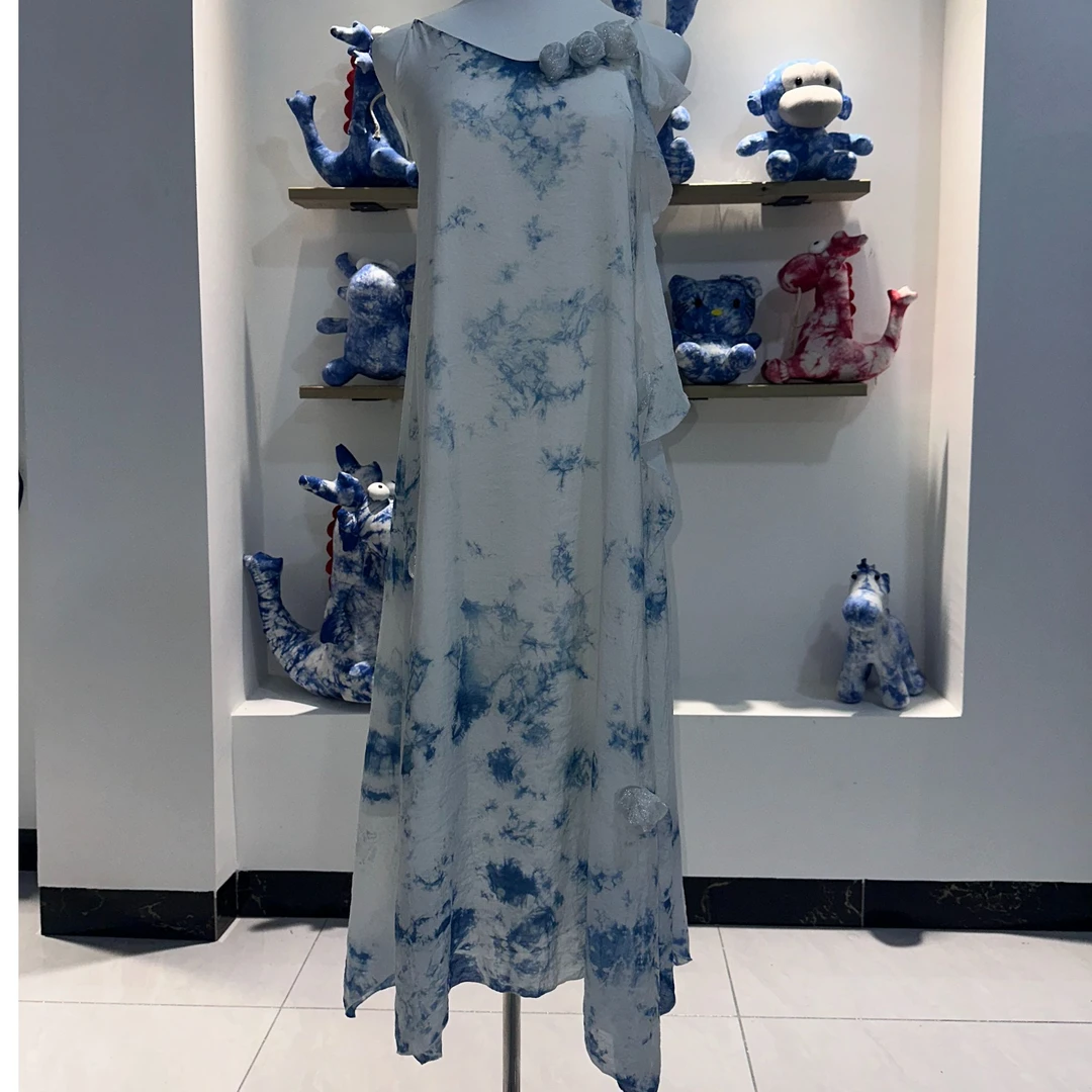 植染玫瑰吊带长裙气质网红蓝色夏季时尚时尚日常