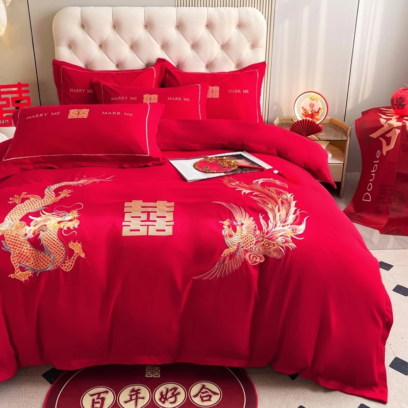 高端结婚磨毛四件套婚庆大红色加厚被套床单床笠新婚婚嫁床上用品