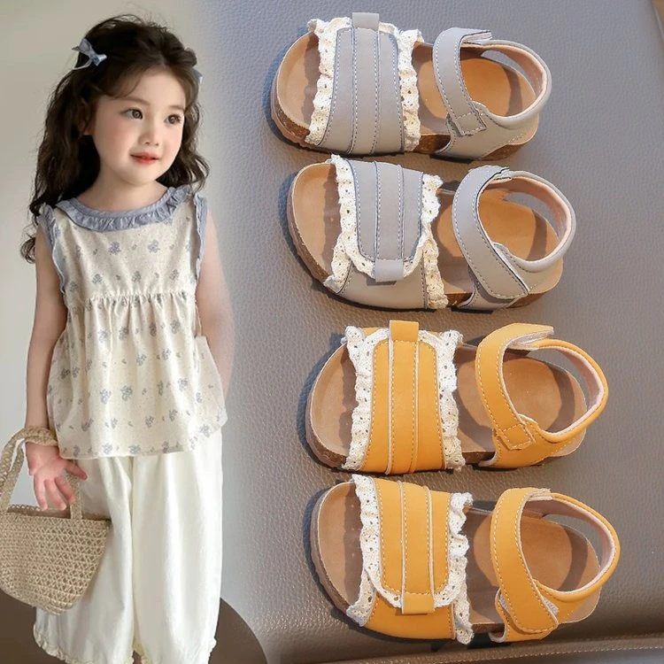 女童凉鞋2025夏新款儿童韩版公主鞋森系蝴蝶结蕾丝花边平底沙滩鞋