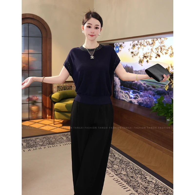 2025新款【7559】莱赛尔夏季必备烫钻设计感蓝色短袖上衣女显瘦高级