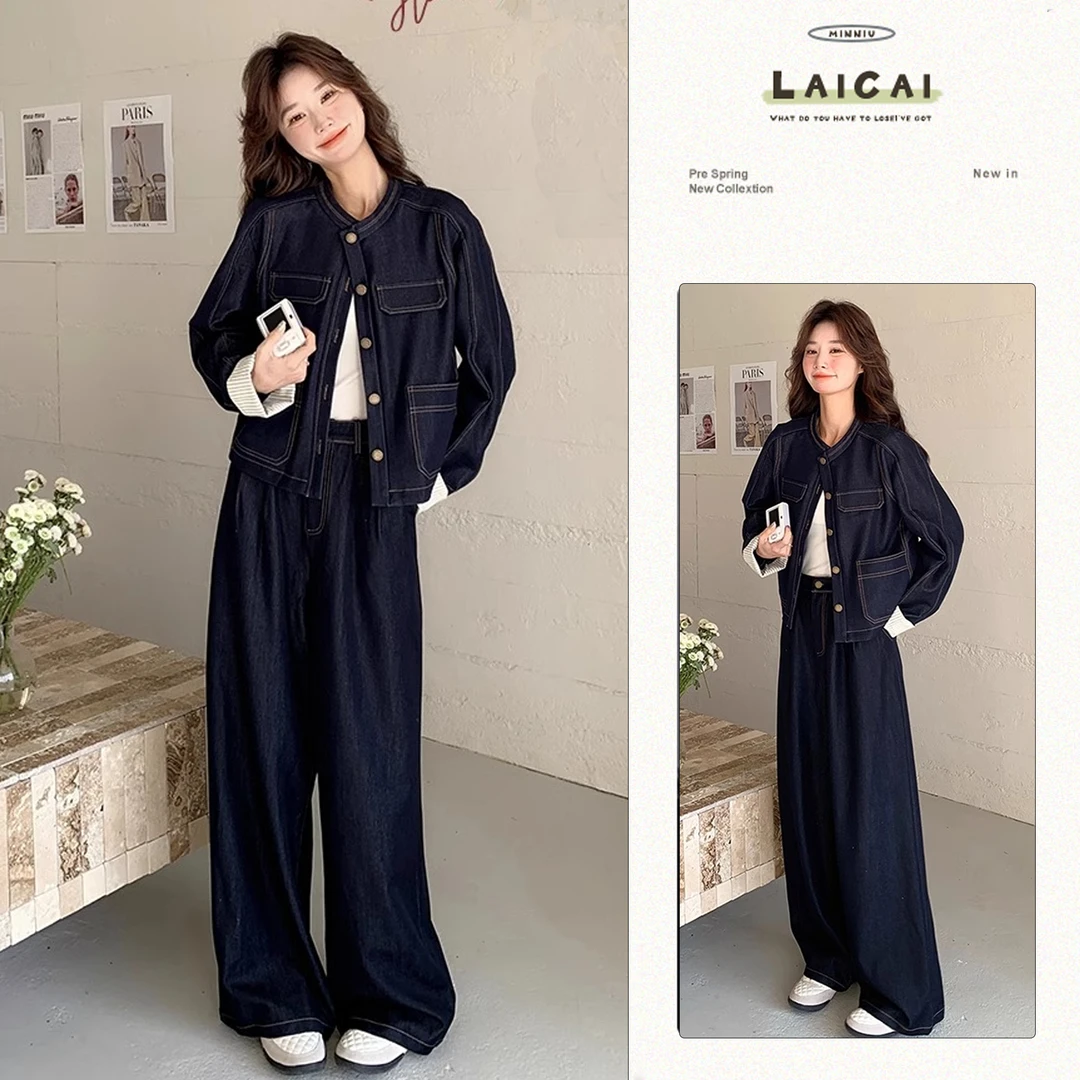 2025春夏季小个子短款圆领拼接衬衫韩版小众设计感阔腿裤两件套女