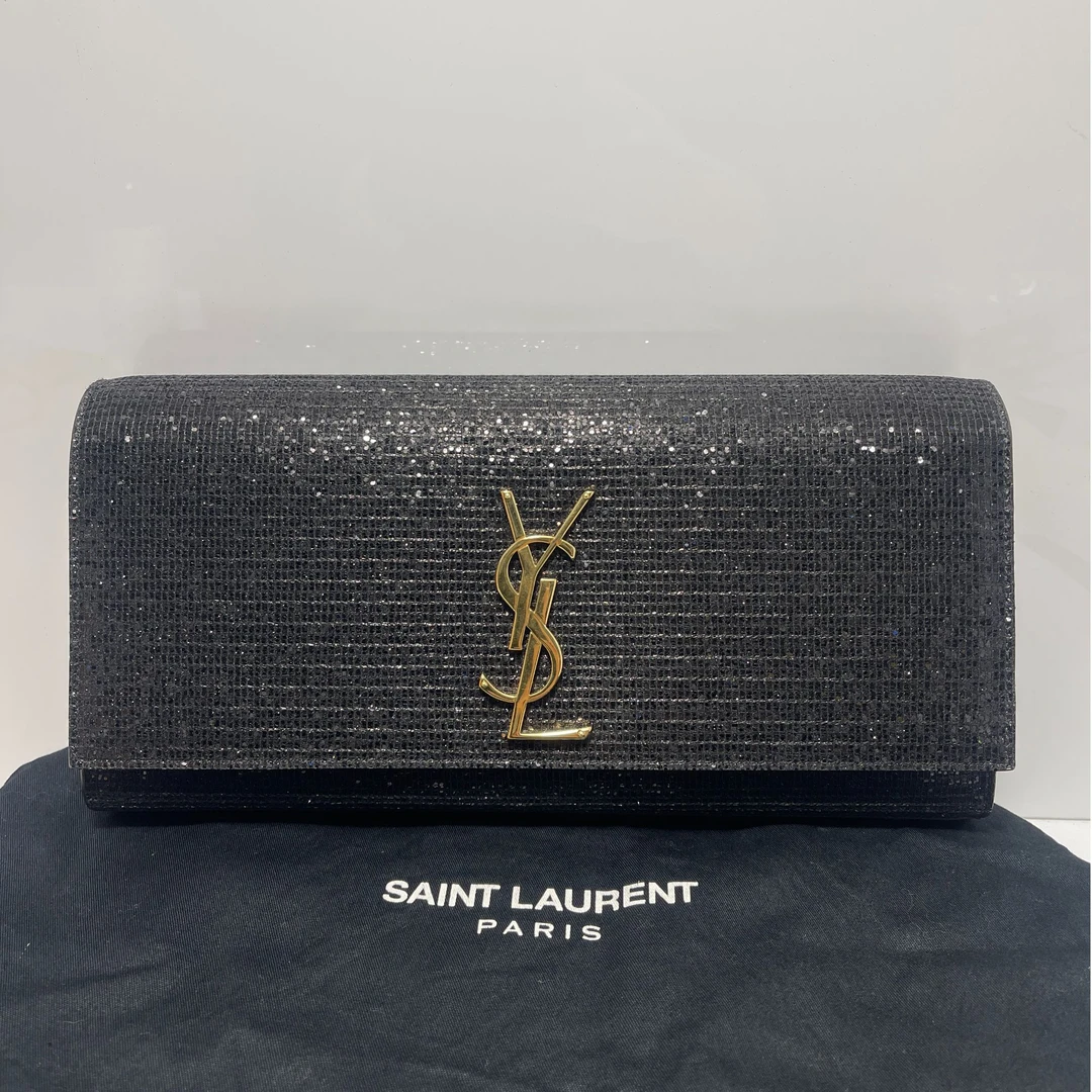 95新 YSL/圣罗兰 黑金亮面编织/手拿包