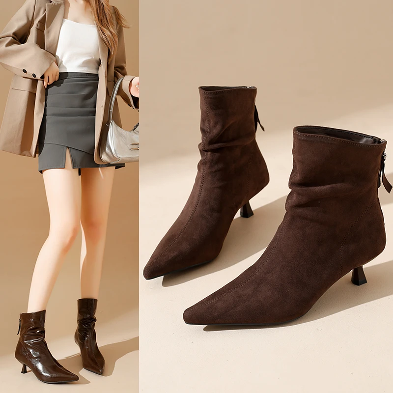 裸靴欧美尖头单靴马丁靴百搭秋冬女秋季简约时装靴